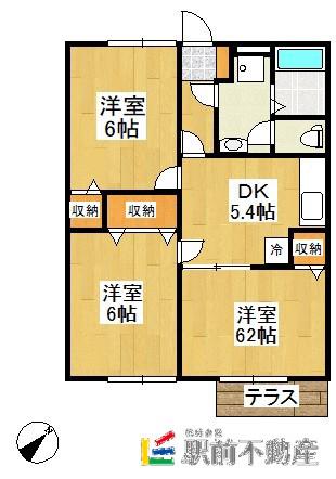 西鉄天神大牟田線 東甘木駅 徒歩13分 2階建 築28年(3K/1階)の間取り写真