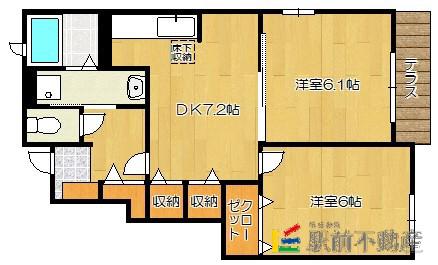 鹿児島本線 羽犬塚駅 徒歩28分 2階建 築16年(2DK/1階)の間取り写真