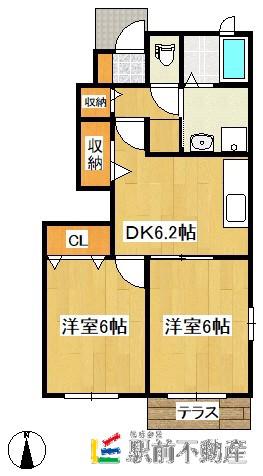 鹿児島本線 大牟田駅 徒歩33分 2階建 築18年(2DK/1階)の間取り写真