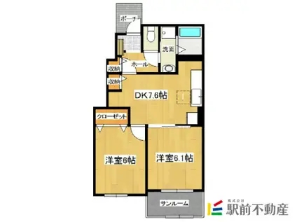 鹿児島本線 羽犬塚駅 徒歩74分 2階建 築10年(2DK/1階)の間取り写真