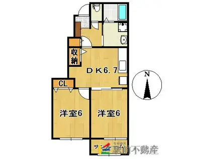 鹿児島本線 渡瀬駅(福岡) 徒歩8分 2階建 築10年(2DK/1階)の間取り写真