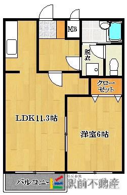 鹿児島本線 羽犬塚駅 徒歩16分 2階建 築34年(1LDK/1階)の間取り写真