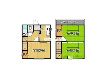 西鉄天神大牟田線 蒲池駅(福岡) 徒歩20分 2階建 築42年(3K/1階)の間取り写真
