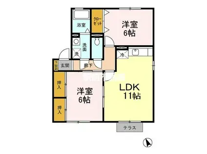 キャッスル徳久D棟(2LDK/1階)の間取り写真