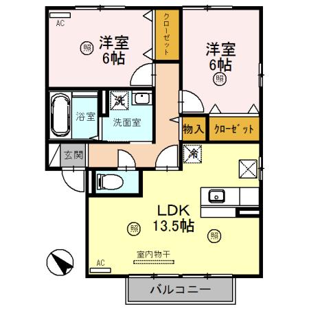 リビングタウン貴生川 B棟(2LDK/1階)の間取り写真