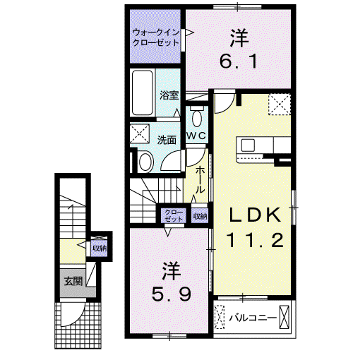 Yフォレスト八日市Ⅱ-B(2LDK/2階)の間取り写真