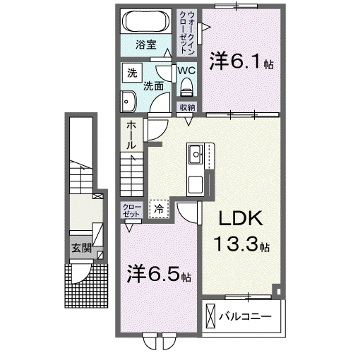 バンブー ニン A(2LDK/2階)の間取り写真