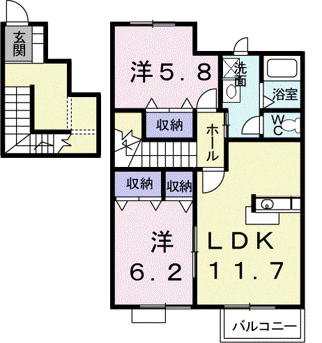 パティオアンソレイエE(2LDK/2階)の間取り写真