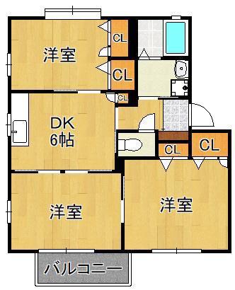 アリッサムKA棟(3DK/2階)の間取り写真