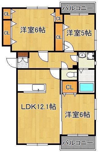 プレステージ西工大前Ⅱ(3LDK/3階)の間取り写真