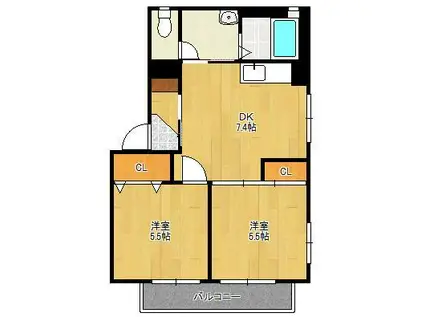 カーサ・ヴェルデ (2DK/2階)の間取り写真