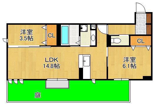 フース ヒュッゲ行橋 A棟(2LDK/1階)の間取り写真