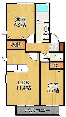 日豊本線 城野駅(JR) バス乗車時間:15分 高坊2丁目バス停で下車 徒歩8分 2階建 築23年(2LDK/2階)の間取り写真