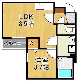 DORO片野(1LDK/3階)の間取り写真