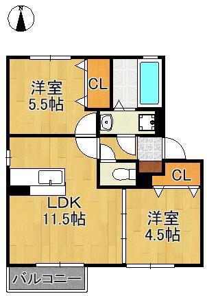 サンライズ陸(2LDK/2階)の間取り写真