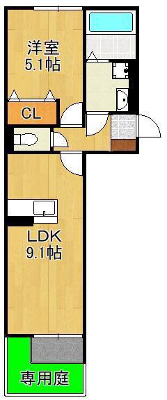 POLONIA WAKAMATSU B棟(1LDK/1階)の間取り写真