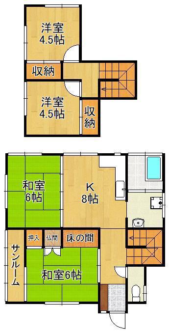 鹿児島本線 スペースワールド駅 バス乗車時間:14分 荒生田公園下バス停で下車 徒歩11分 2階建 築44年(4K)の間取り写真