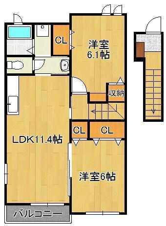 ペシュール B(2LDK/2階)の間取り写真