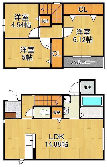 筑豊電気鉄道 希望が丘高校前駅 徒歩6分 2階建 築2年(3LDK)の間取り写真