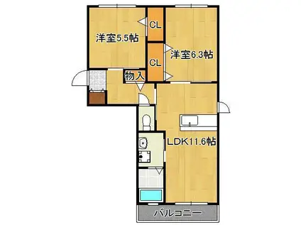 コモドヴィラ引野 (2LDK/1階)の間取り写真