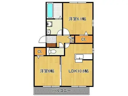 ベルフルール割子川(2LDK/2階)の間取り写真