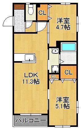 プレミール引野(2LDK/2階)の間取り写真