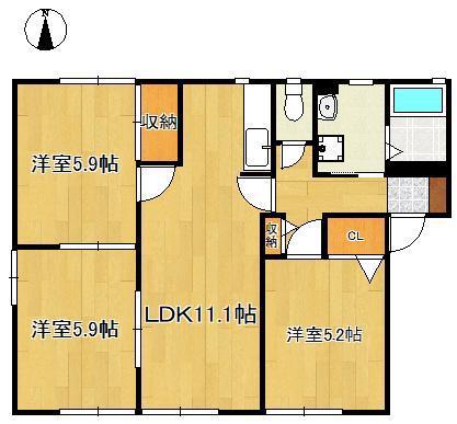 サンハイツ永犬丸A(3LDK/1階)の間取り写真
