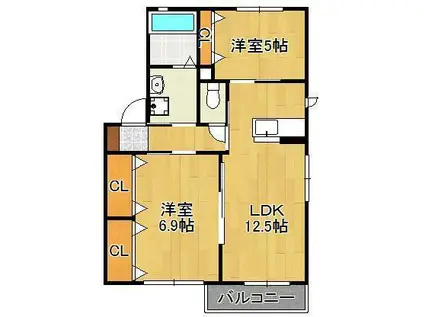 三洋タウン上香月 D棟(2LDK/1階)の間取り写真