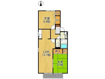 ヴィラコンフォート2B棟(2LDK/2階)の間取り写真