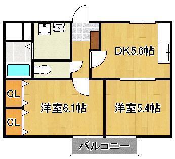 ベルカーサ日吉台(2DK/2階)の間取り写真