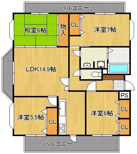 グランドパレス折尾駅南 301号(4LDK/3階)の間取り写真