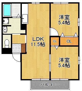 ヴィラージュB棟(2LDK/2階)の間取り写真