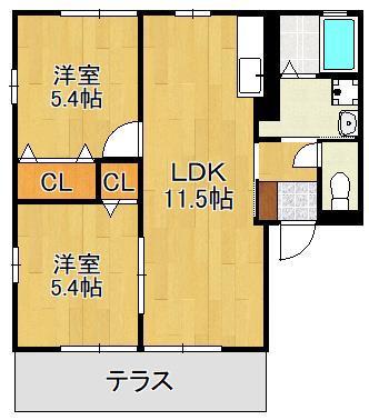 ヴィラージュA棟(2LDK/1階)の間取り写真