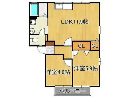 フィールドコート本城 D棟(2LDK/1階)の間取り写真