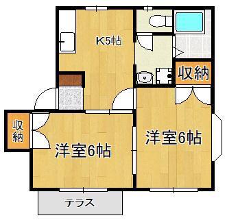 鹿児島本線 東郷駅 徒歩5分 2階建 築33年(2K/1階)の間取り写真