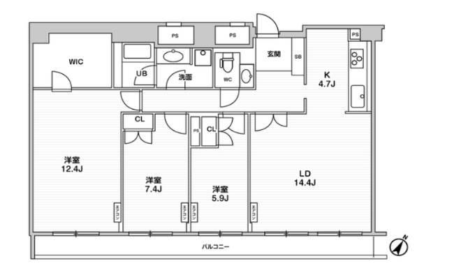 ルシマン月島(3LDK/13階)の間取り写真