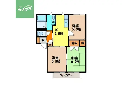 長崎本線 長与駅 徒歩28分 2階建 築27年(3K/2階)の間取り写真