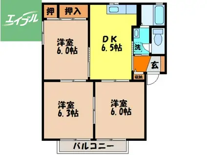 長崎本線 長与駅 徒歩7分 2階建 築29年(3DK/2階)の間取り写真