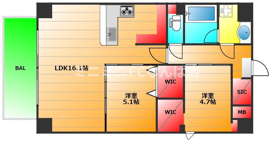 ブエナビスタ阿波座タワー(2LDK/2階)の間取り写真