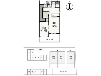 ラ・ベルデューラⅢB棟(1LDK/1階)の間取り写真