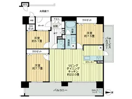リビンコートプライム伊福町(3LDK/5階)の間取り写真