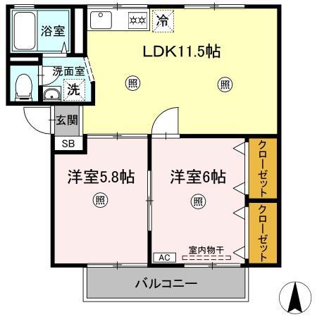 シャンポールききょう B棟(2LDK/2階)の間取り写真
