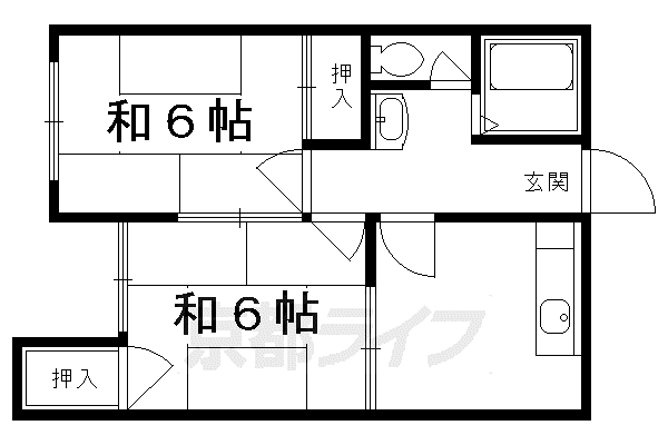 山陰本線 太秦駅(JR) 徒歩12分 2階建 築44年(2DK/2階)の間取り写真