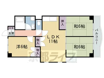 京都市東西線 太秦天神川駅 徒歩1分 11階建 築42年(3LDK/8階)の間取り写真