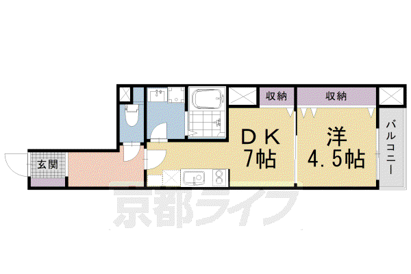 京都市烏丸線 烏丸御池駅 徒歩7分 5階建 築4年(1DK/2階)の間取り写真