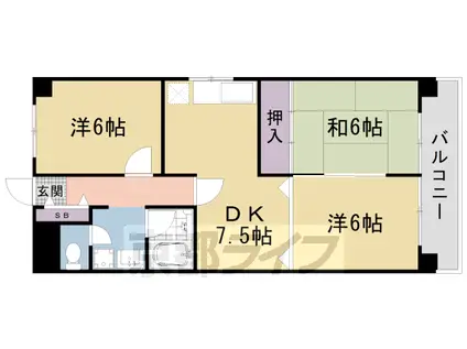 山陰本線 太秦駅(JR) 徒歩8分 6階建 築39年(3LDK/4階)の間取り写真
