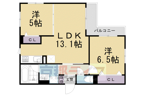 京都市烏丸線 五条駅(京都市営) 徒歩5分 5階建 築4年(2LDK/2階)の間取り写真