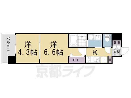 東海道本線 西大路駅 徒歩9分 6階建 築3年(2K/4階)の間取り写真