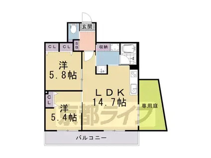 京都市東西線 椥辻駅 徒歩7分 5階建 築1年(2LDK/1階)の間取り写真