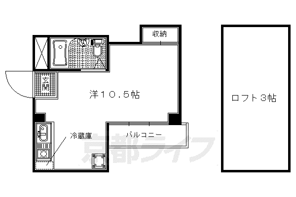 山陰本線 円町駅 徒歩4分 3階建 築38年(1K/3階)の間取り写真